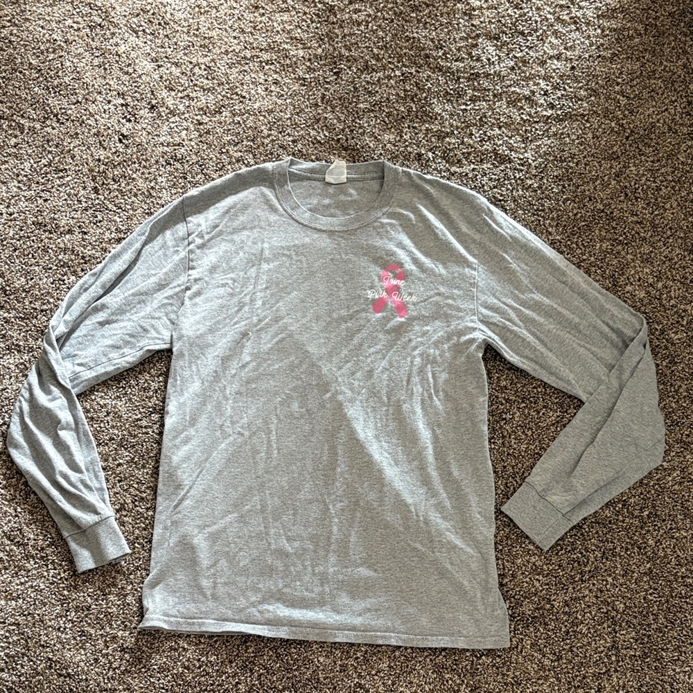 Gray Long Sleeve Shirt with Trine University Pink Week Logo for breast cancer